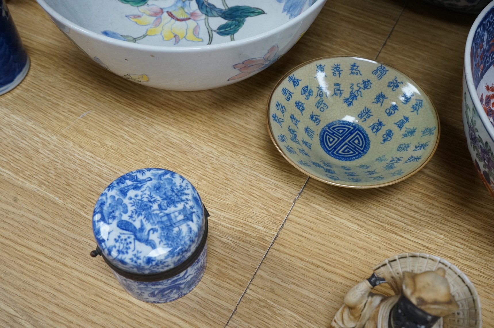 A collection of Chinese mixed ceramics, largest blue and white bowl 33cm diameter
